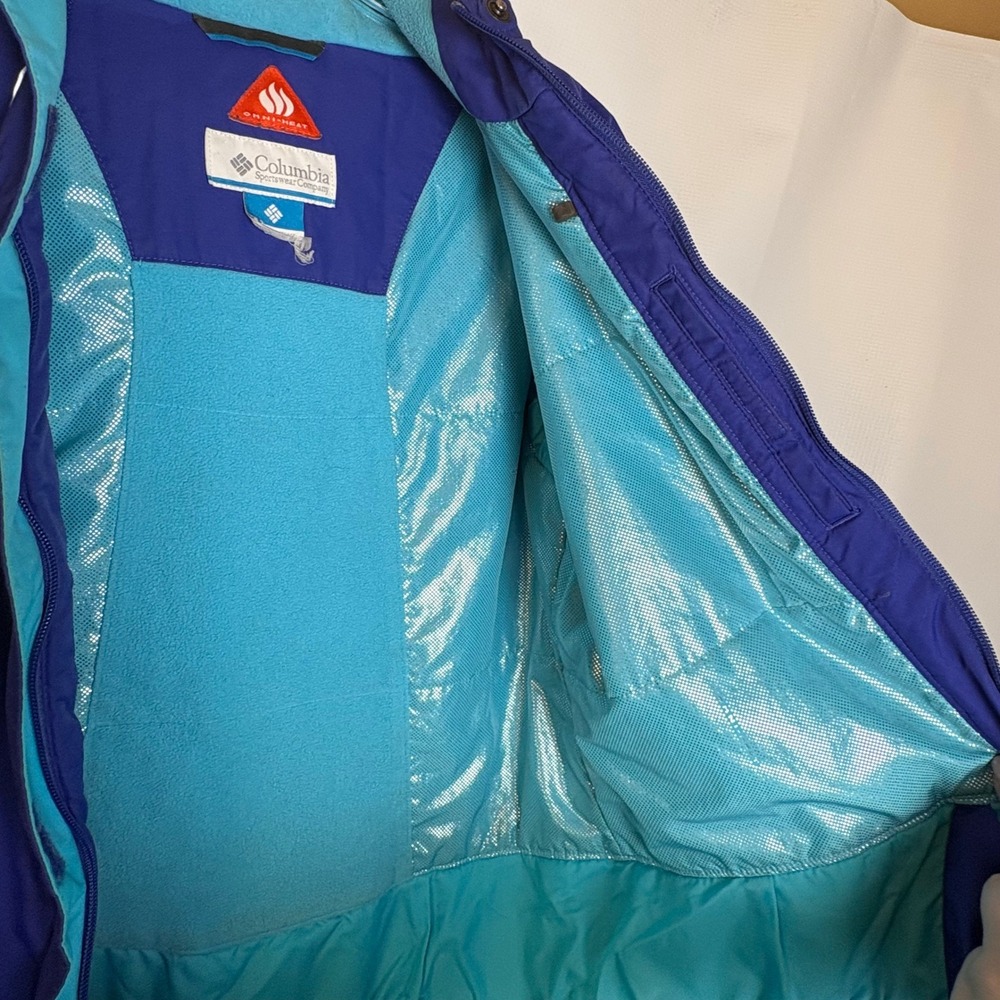 Columbia Boys Omni-Tech Ski Jacket Blue Teal Hooded Rain Coat Med Grow System - Picture 12 of 12